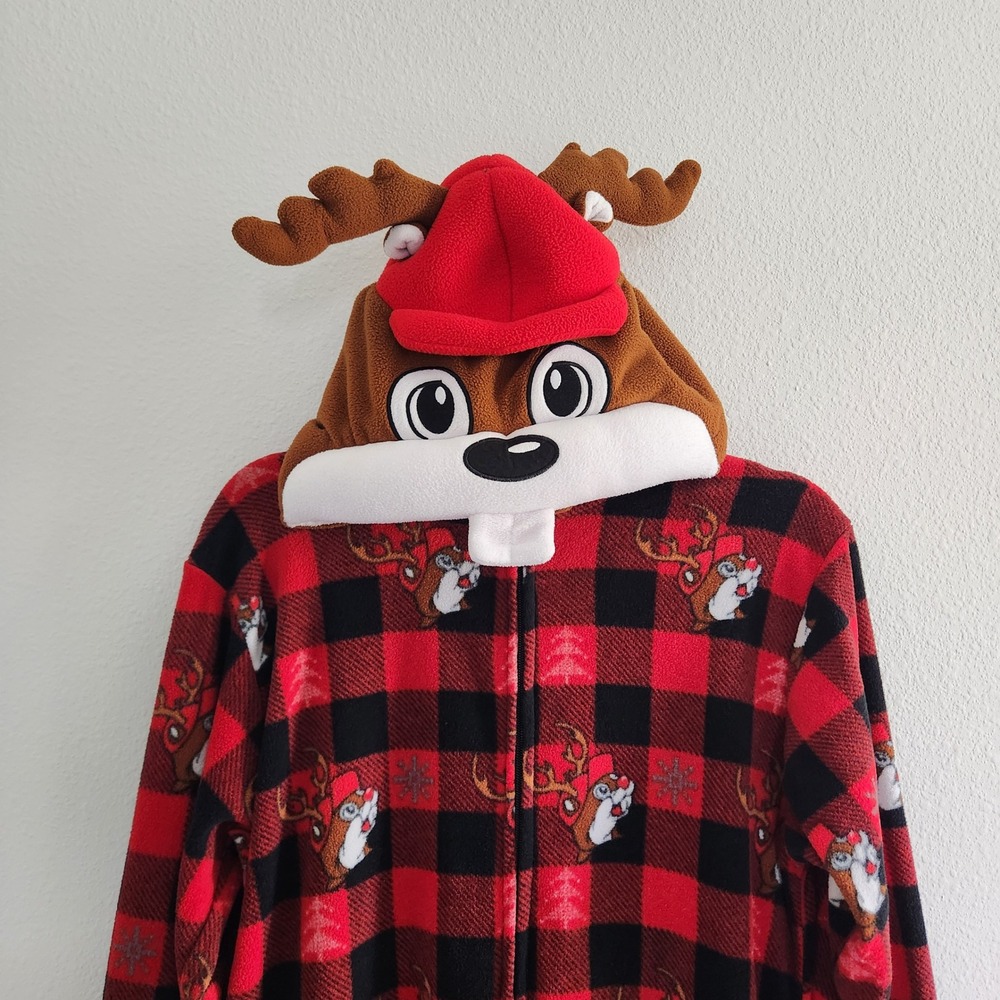 Buc-ee's Christmas Beaver Suit Red Buffalo Plaid Fleece Onesie size S/M